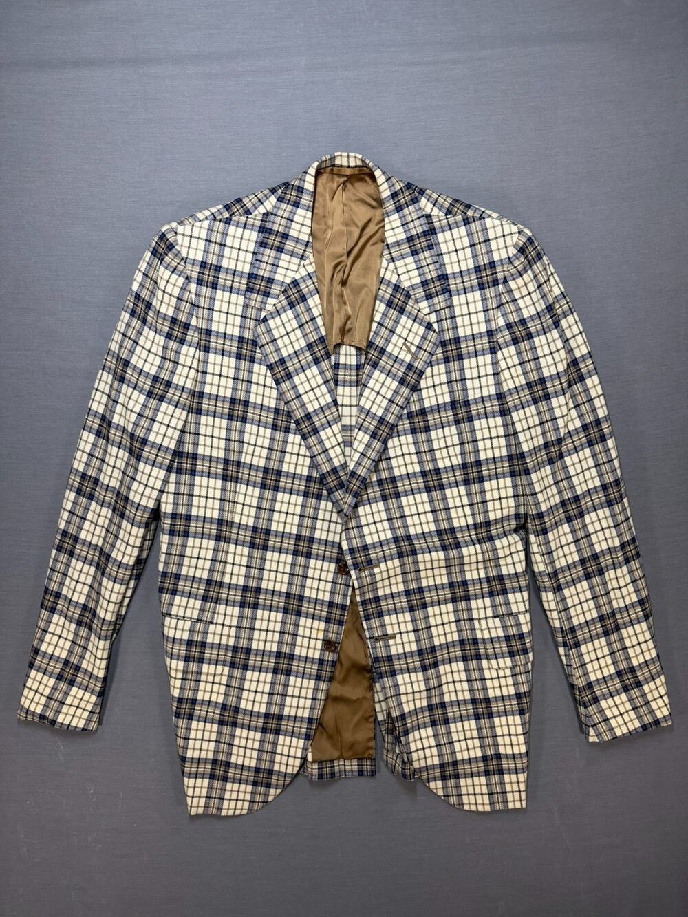 Vintage Oxxford Clothes Plaid Sport Coat Mens 38L Cream Blue Preppy